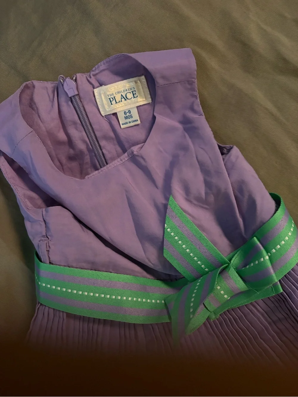 The Children's Place Purple Pleated Dress with Green & White Trim and Bow